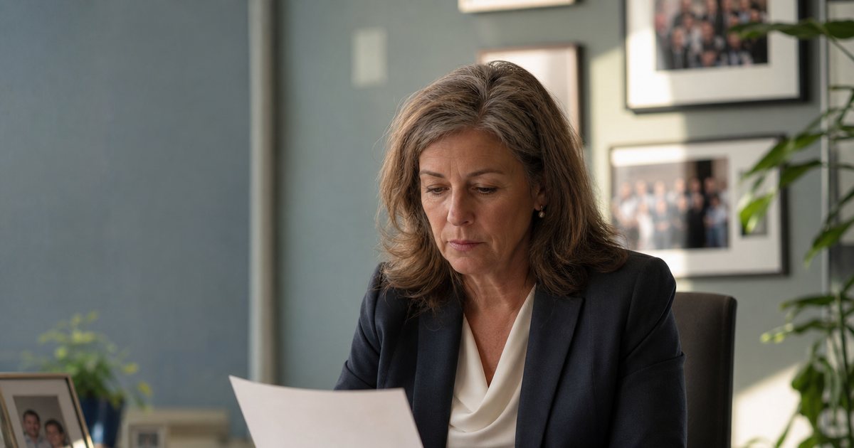 Executive director of a nonprofit reading a letter at her desk with a thoughtful expression, framed community photos on the wall, afternoon light