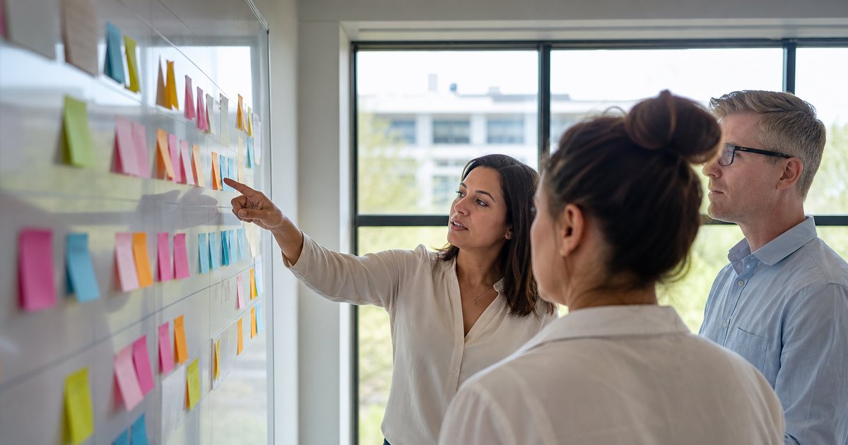 Nonprofit team planning at a large whiteboard covered in colored sticky notes arranged by month, one person pointing, bright meeting room
