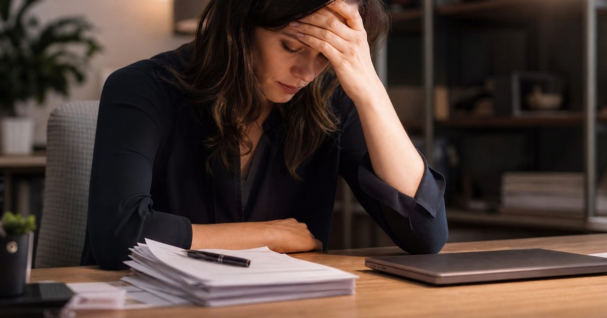 Nonprofit staff member sitting at a desk late in the evening with a desk lamp on, hand on forehead, stack of printed documents and a pen beside a closed laptop