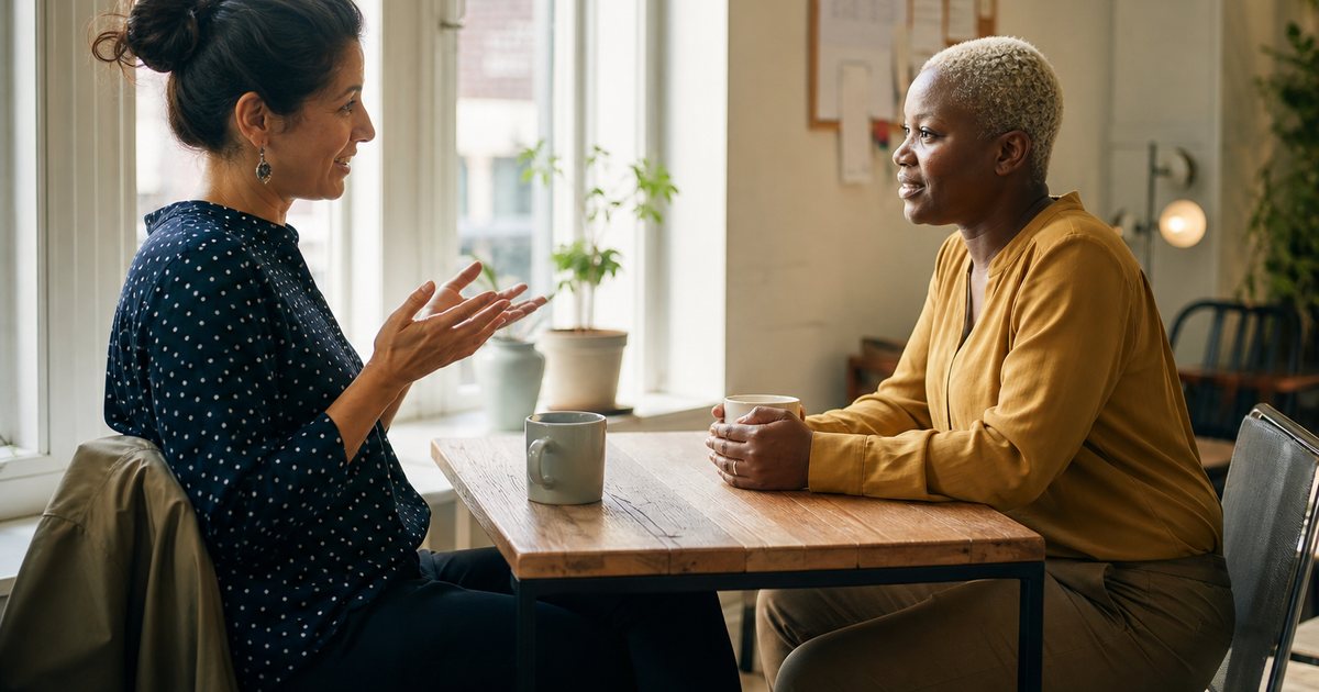 Two nonprofit colleagues sitting across a small wooden table in a bright community center room, coffee mugs between them, one gesturing mid conversation, warm morning light through tall windows, potted plants on the sill
