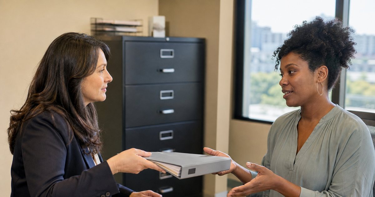 Two nonprofit colleagues at a conference table, one handing a labeled binder to the other, filing cabinet and a window with a city view in the background