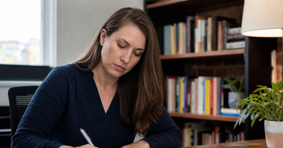 Grant writer at a small nonprofit office desk drafting a short letter by hand on lined paper, laptop closed beside her, bookshelf and plant in the background