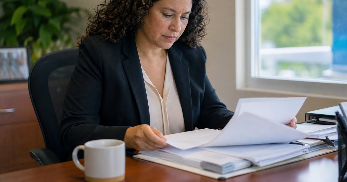 Nonprofit program director at a wooden desk reviewing a printed folder of last year's grant documents, coffee mug, morning light through an office window