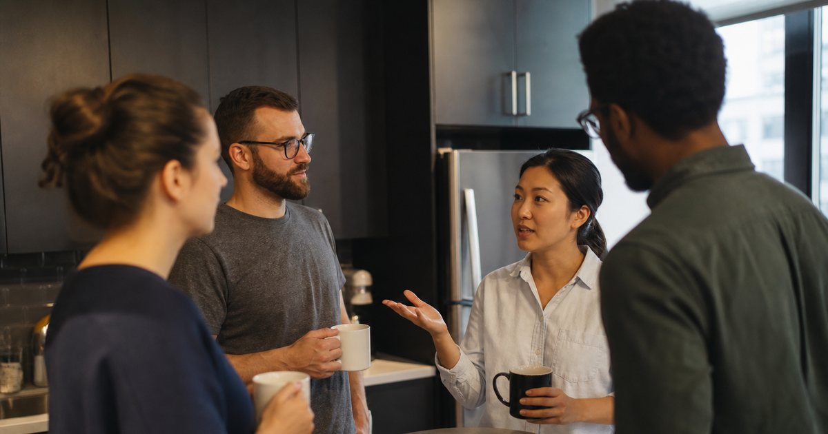 A small nonprofit team standing around a kitchen counter in an office break room, mugs of coffee in hand, one person mid sentence with an open gesture, late afternoon light through a side window, casual clothing