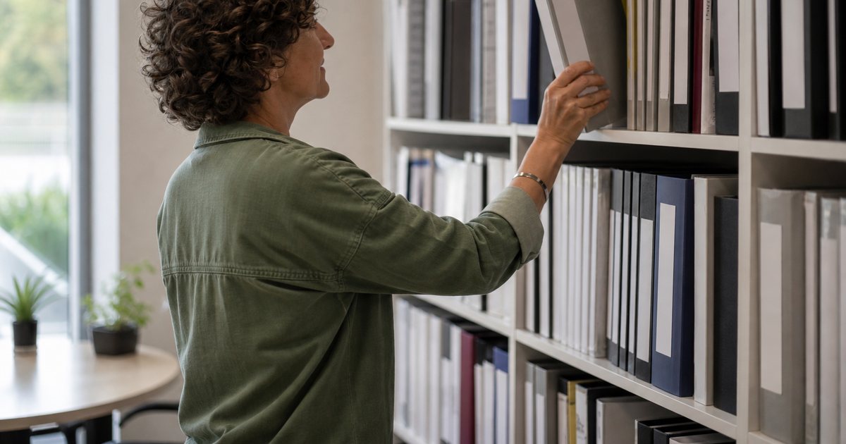 Organized shelf of labeled binders and folders in a nonprofit office, a staff member pulling one binder down, natural light from a nearby window